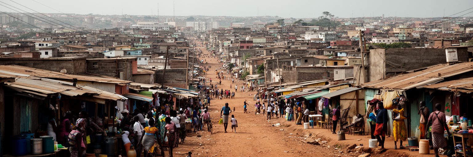 ルアンダのムセケ、未舗装道路、給水、露店、密集住宅が広がる生活景観