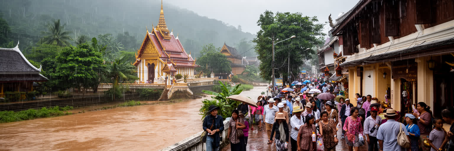 ルアンパバーンの雨季、川の増水、暑熱、観光混雑、寺院保全を表す景観