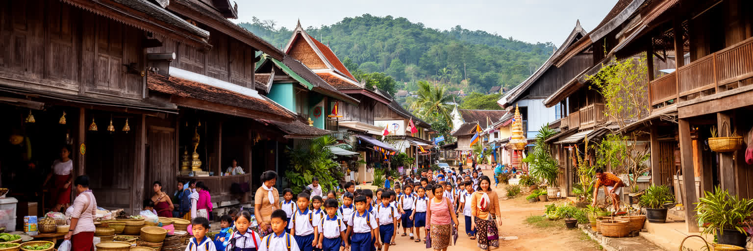 ルアンパバーンの低層住宅、寺院近くの通り、市場、学校、川辺の暮らしを表す景観