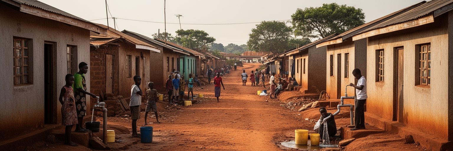 ルサカの郊外住宅、コンパウンド、未舗装道路、給水風景