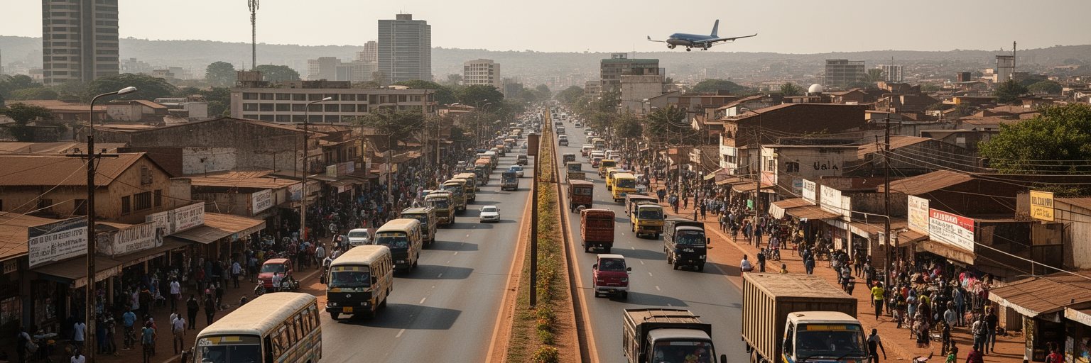 ルサカの幹線道路、ミニバス、貨物車、空港を表す景観