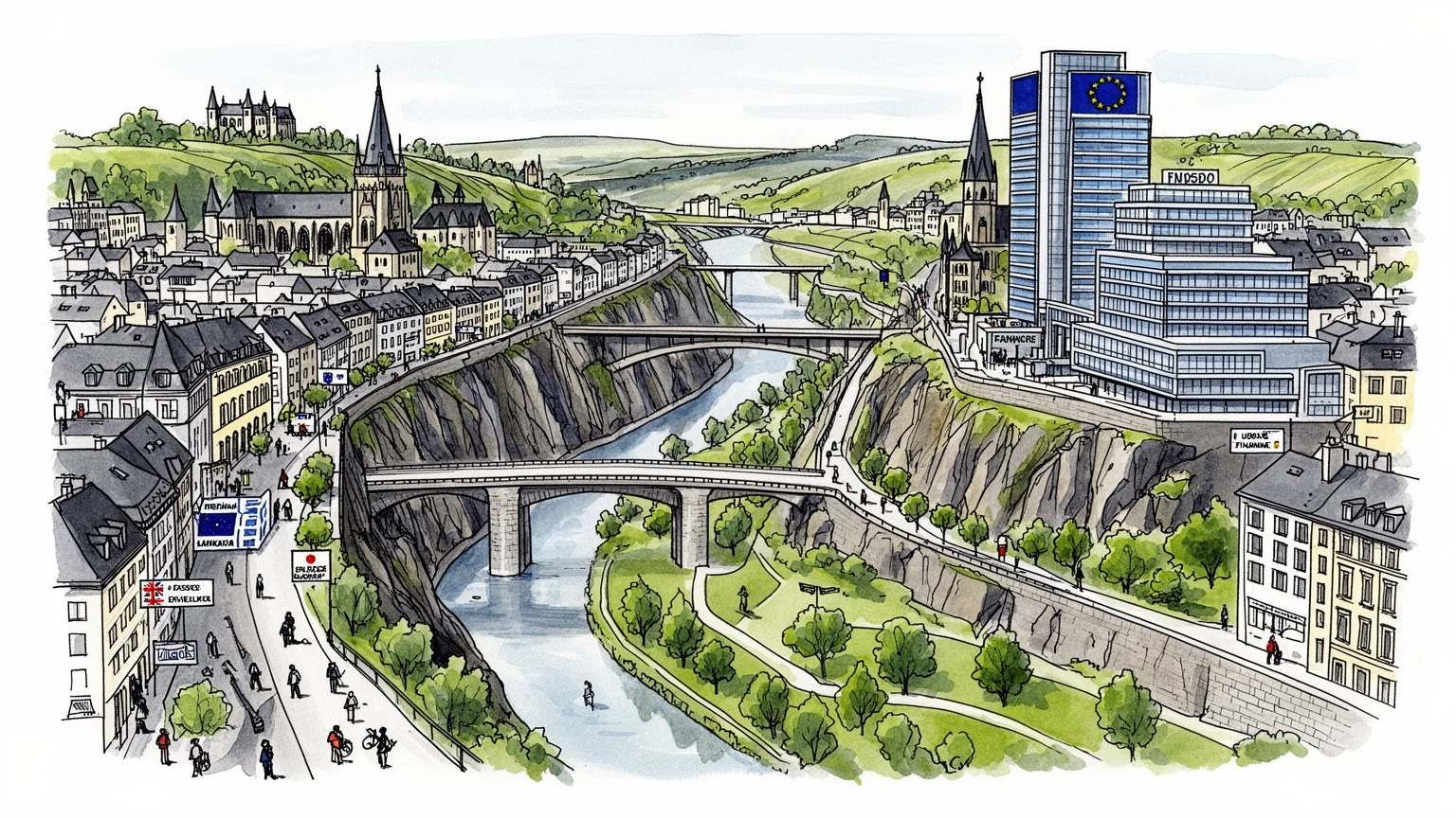 ルクセンブルク市の渓谷、橋、EU機関、金融街、多言語の生活を抽象的に表す手描き風ビジュアル