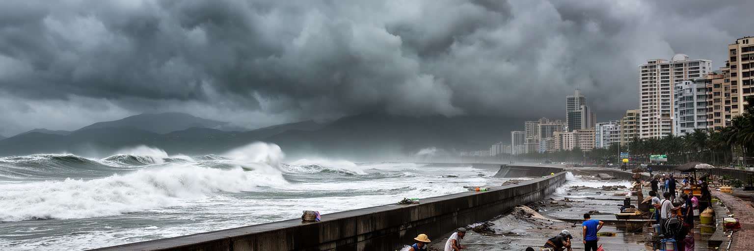 マカオの海岸、台風、湿気、高潮対策、埋立地と都市インフラを表す景観