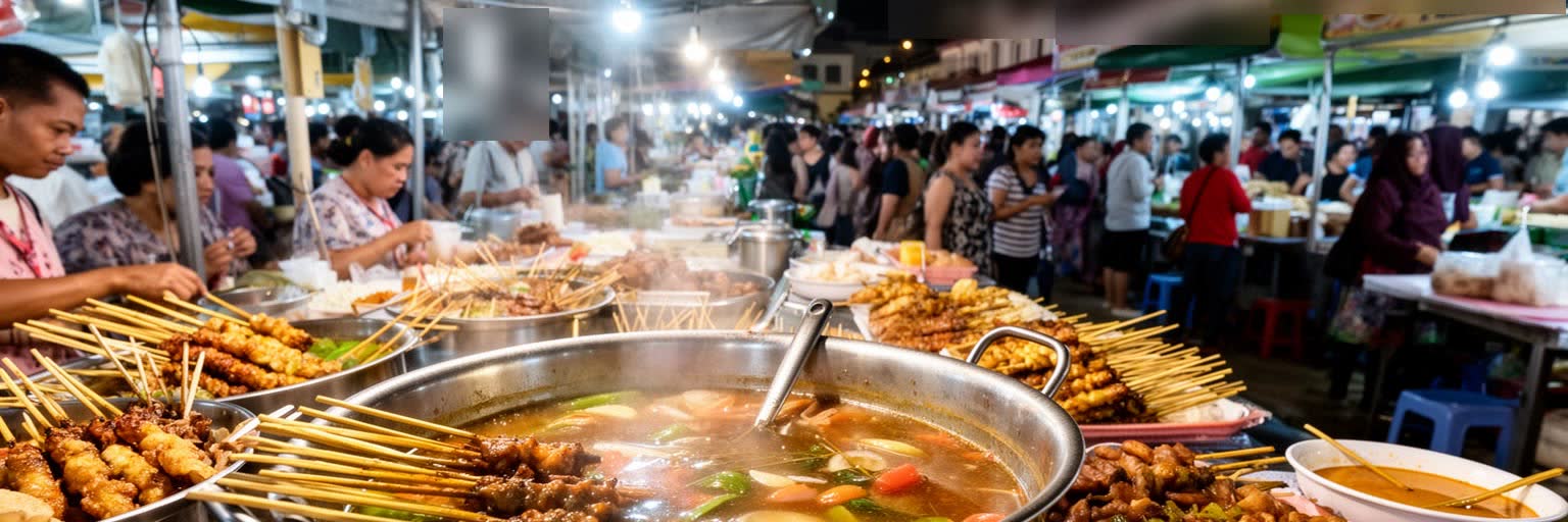マラッカの市場、ニョニャ料理、屋台、食卓、夜市を表す画像