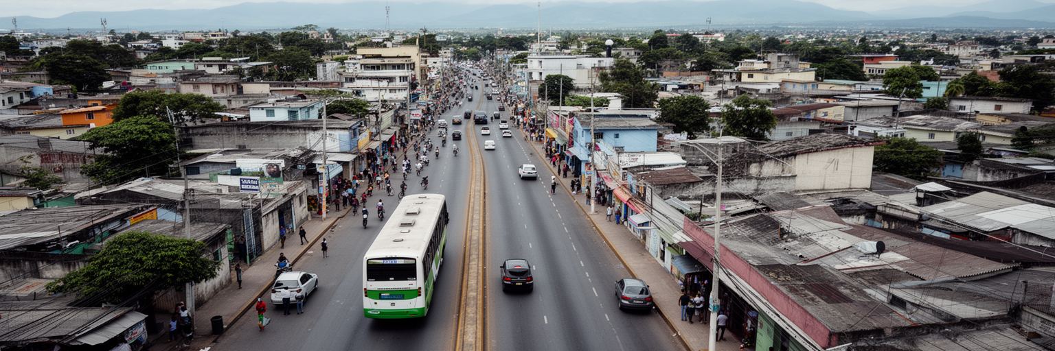 マナグアの幹線道路、バス、郊外住宅、通勤風景を表す画像