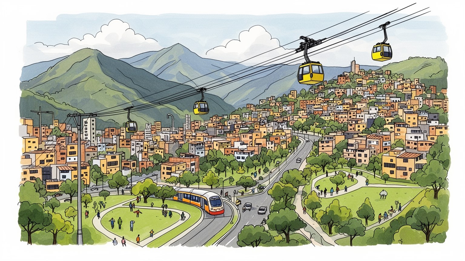 メデジンの谷、斜面住宅、メトロを表す抽象的なイラスト