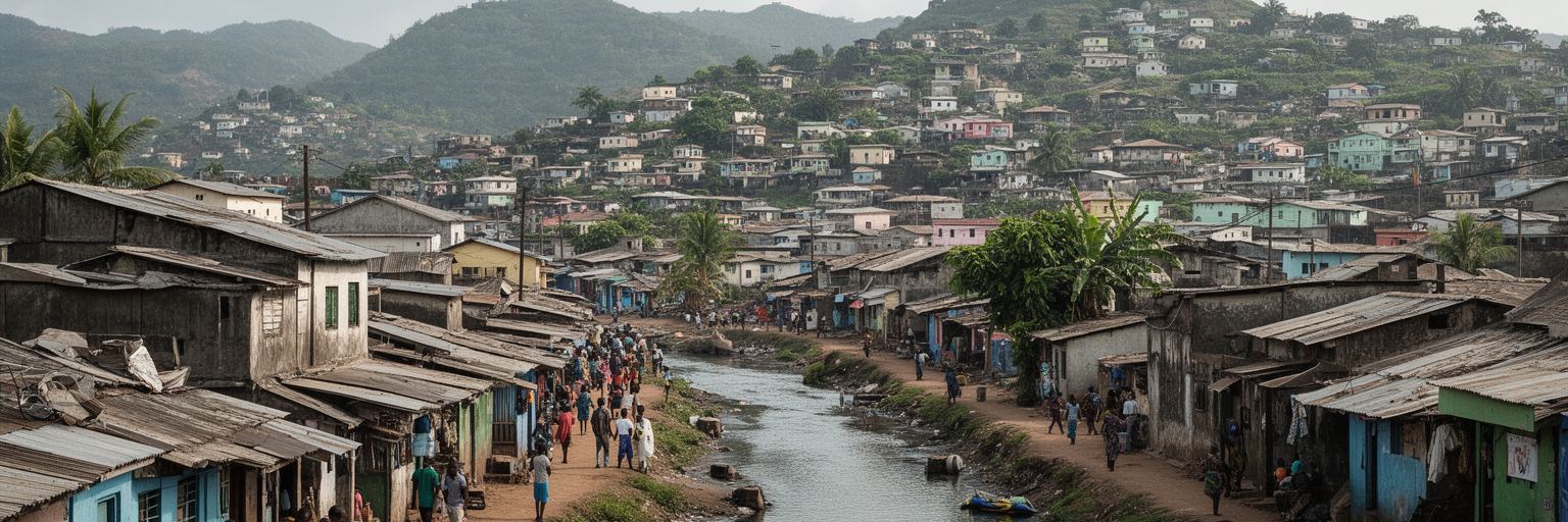 モンバサの丘陵住宅地、密集地区、水路、路地、生活インフラが広がる景観