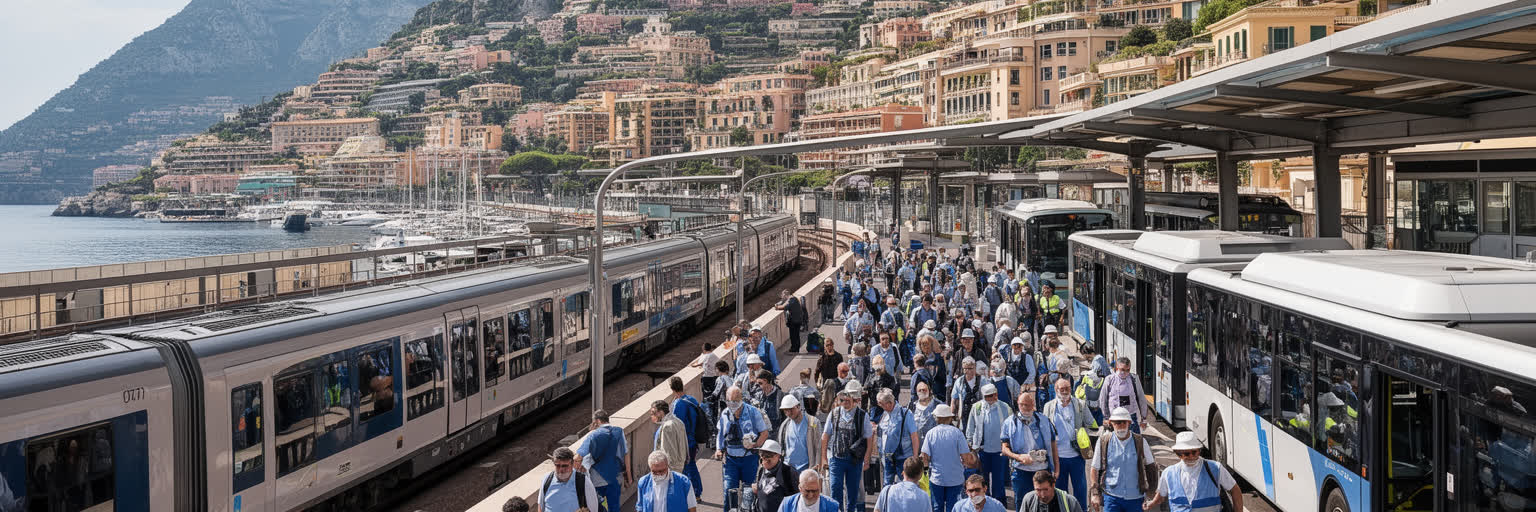 フランス側からモナコへ向かう通勤者、駅、バス、坂道、サービス労働を表す景観