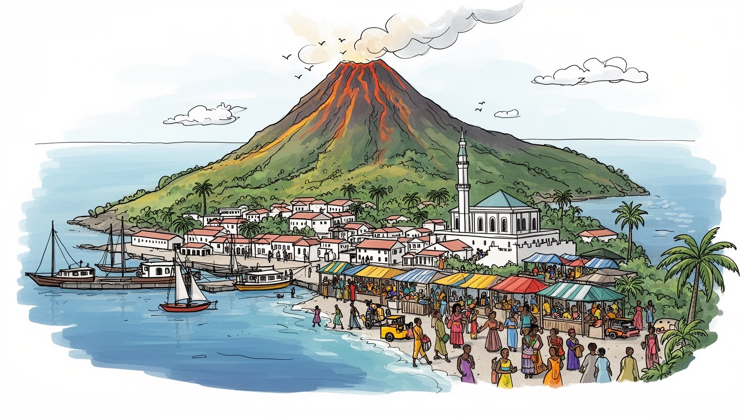 モロニの火山地形、港、市場を表す抽象的なビジュアル