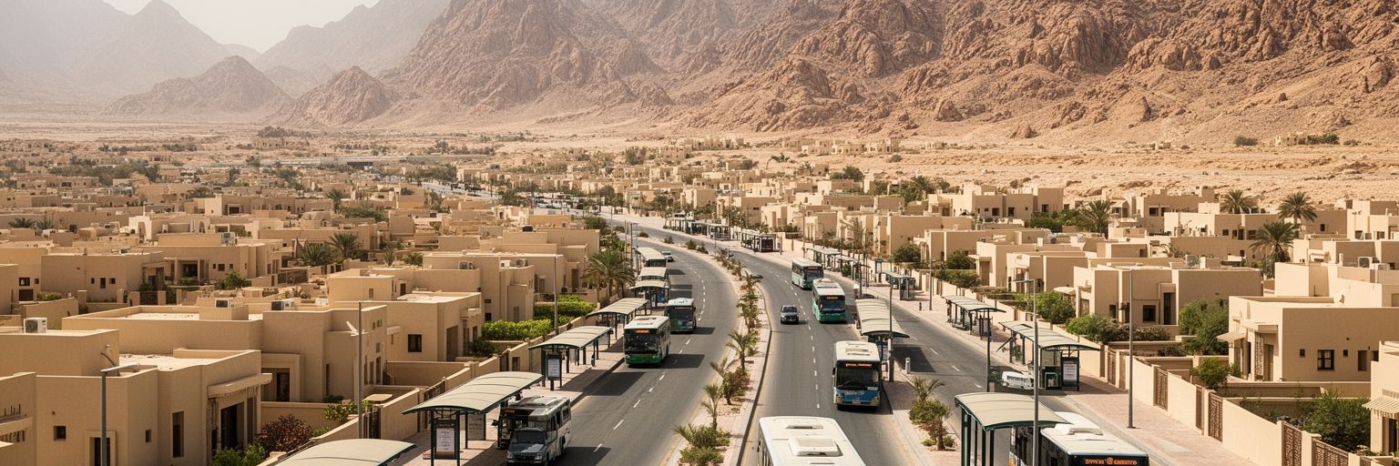 マスカットの郊外住宅、幹線道路、バス、山際の暑い街路を表す風景