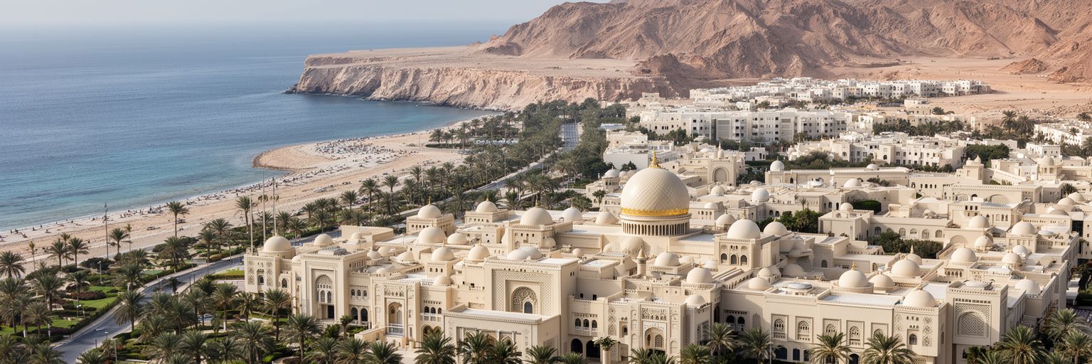 アル・アラム宮殿、省庁、外交地区、海沿いの首都機能を表すマスカットの景観