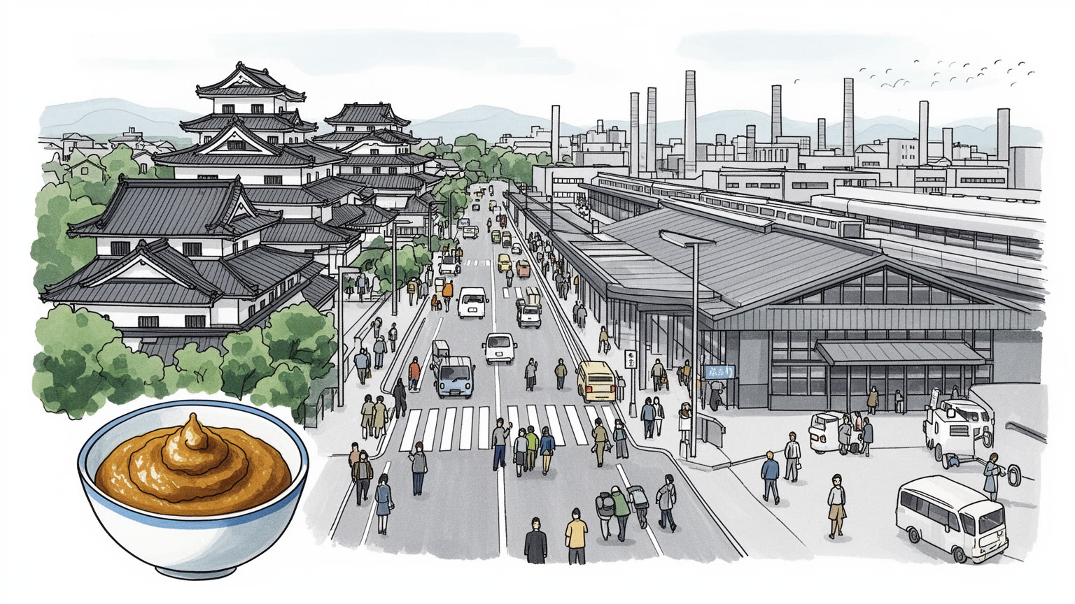 名古屋の工場、鉄道、味噌文化、熱田神宮、郊外生活を抽象的に表すビジュアル