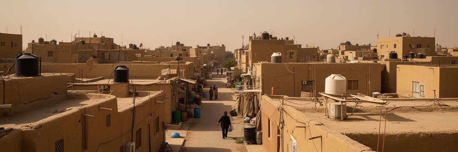ナジャフの住宅地、日陰、暑熱、家族の暮らしを表す景観