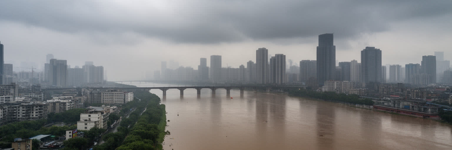 南京の湿潤な夏、長江の増水、堤防、雨の街路、暑熱対策を表す気候景観