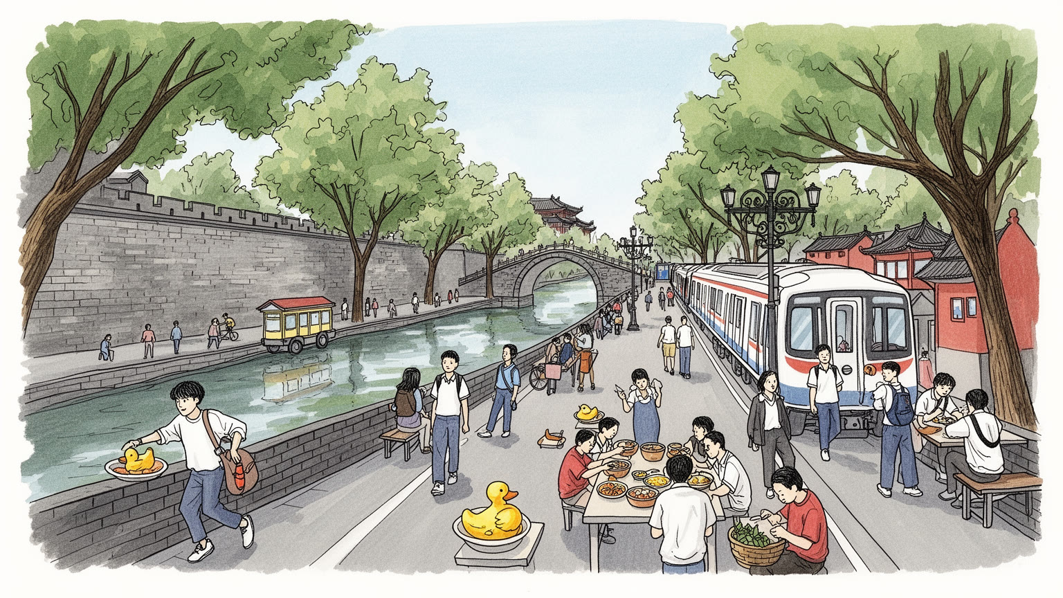 南京の城壁、長江、大学、塩水鴨、地下鉄、紫金山を抽象的に表すビジュアル