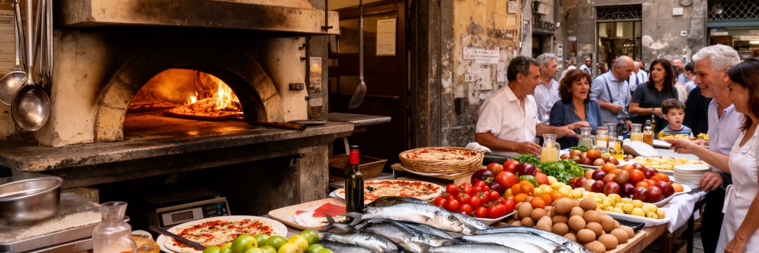 ナポリのピザ、青果市場、魚、家庭料理、路地の食文化