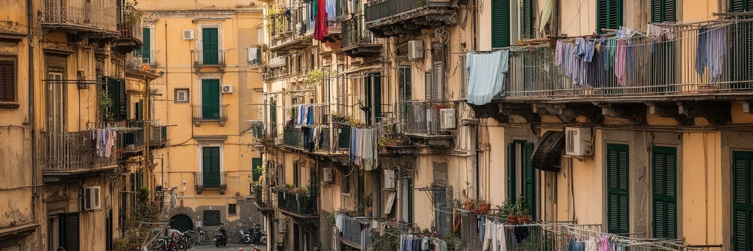 ナポリの集合住宅、坂道、洗濯物、スクーター、近所の暮らし