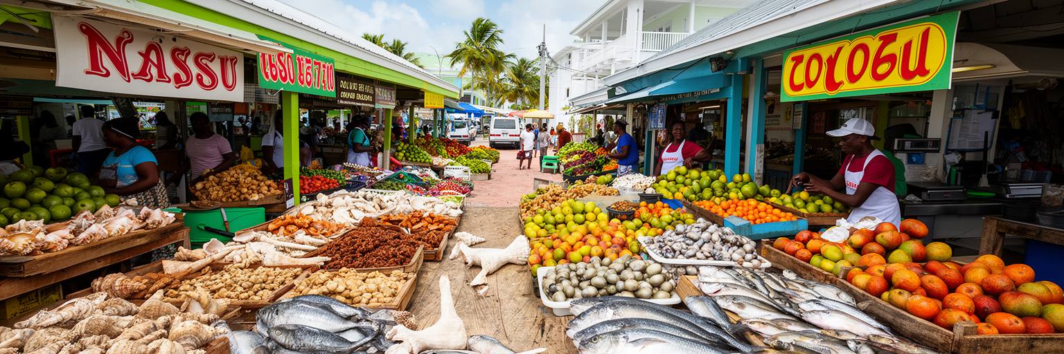 ナッソーの魚市場、コンク料理、屋台、果物、地元客と旅行者が交わる市場