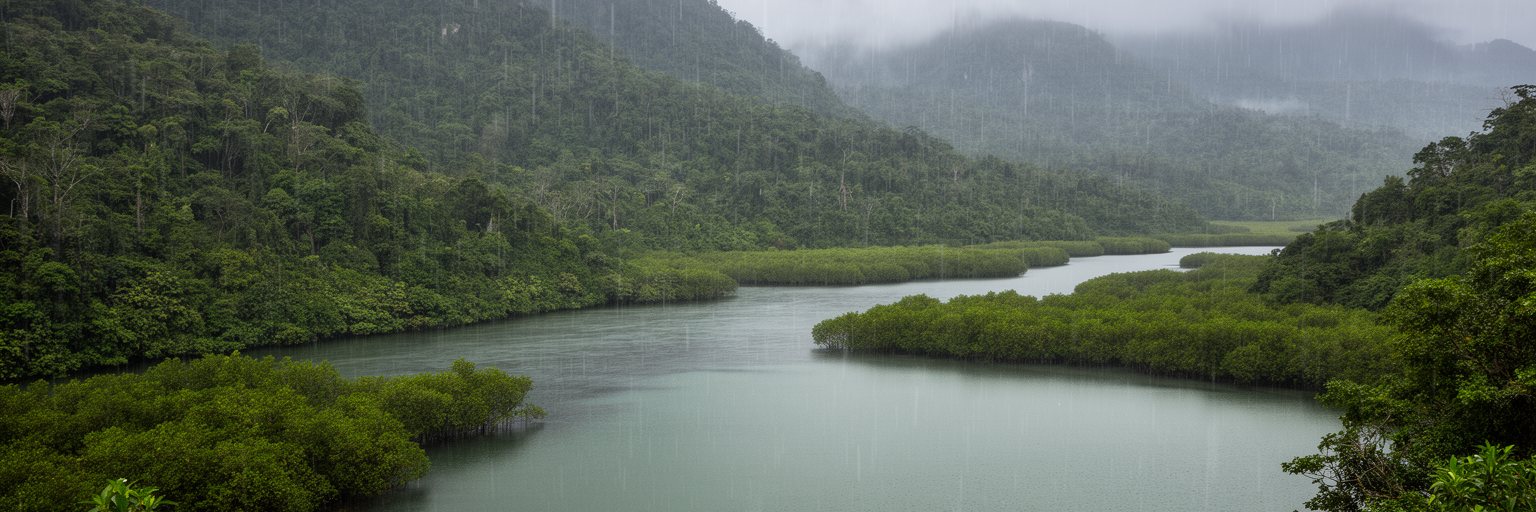 バベルダオブ島の雨、森、川、湖、礁湖と気候リスクを表す景観