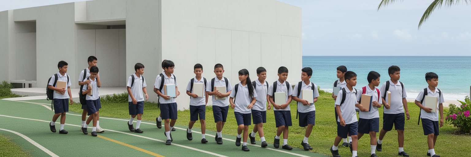 パラオの学校、若者、政府機関、海と森に近い学びの場を表す景観