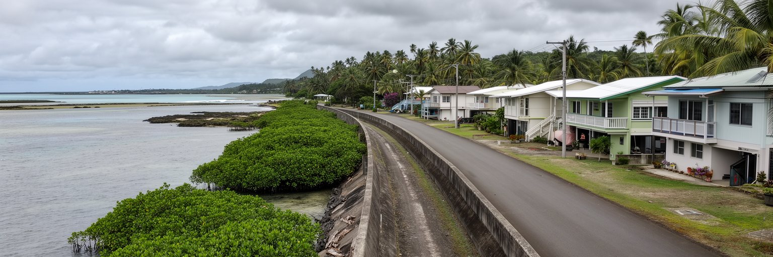 ヌクアロファの低い海岸道路、護岸、排水、礁湖、サイクロンに備える住宅景観