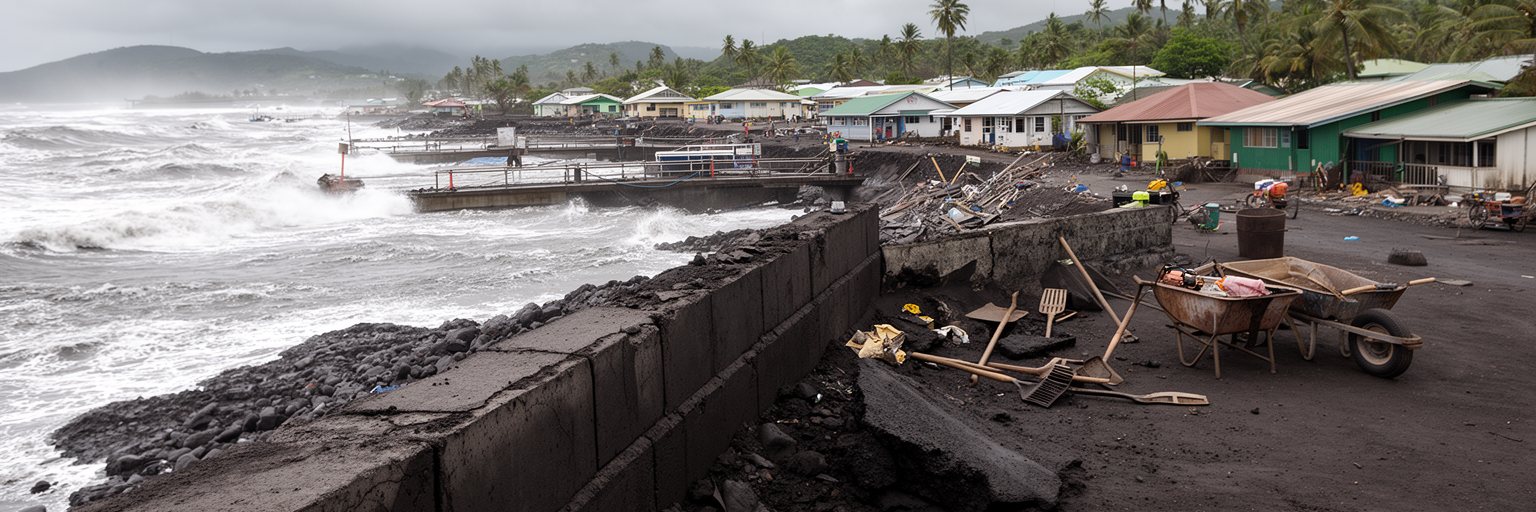 ヌクアロファの海岸、復旧した護岸、火山灰と津波の記憶を示す景観