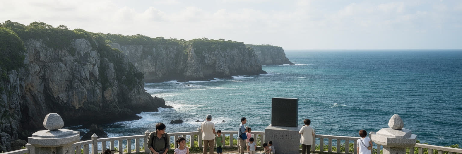 沖縄戦の記憶、慰霊碑、壕、平和祈念の場、静かな海岸を表す景観