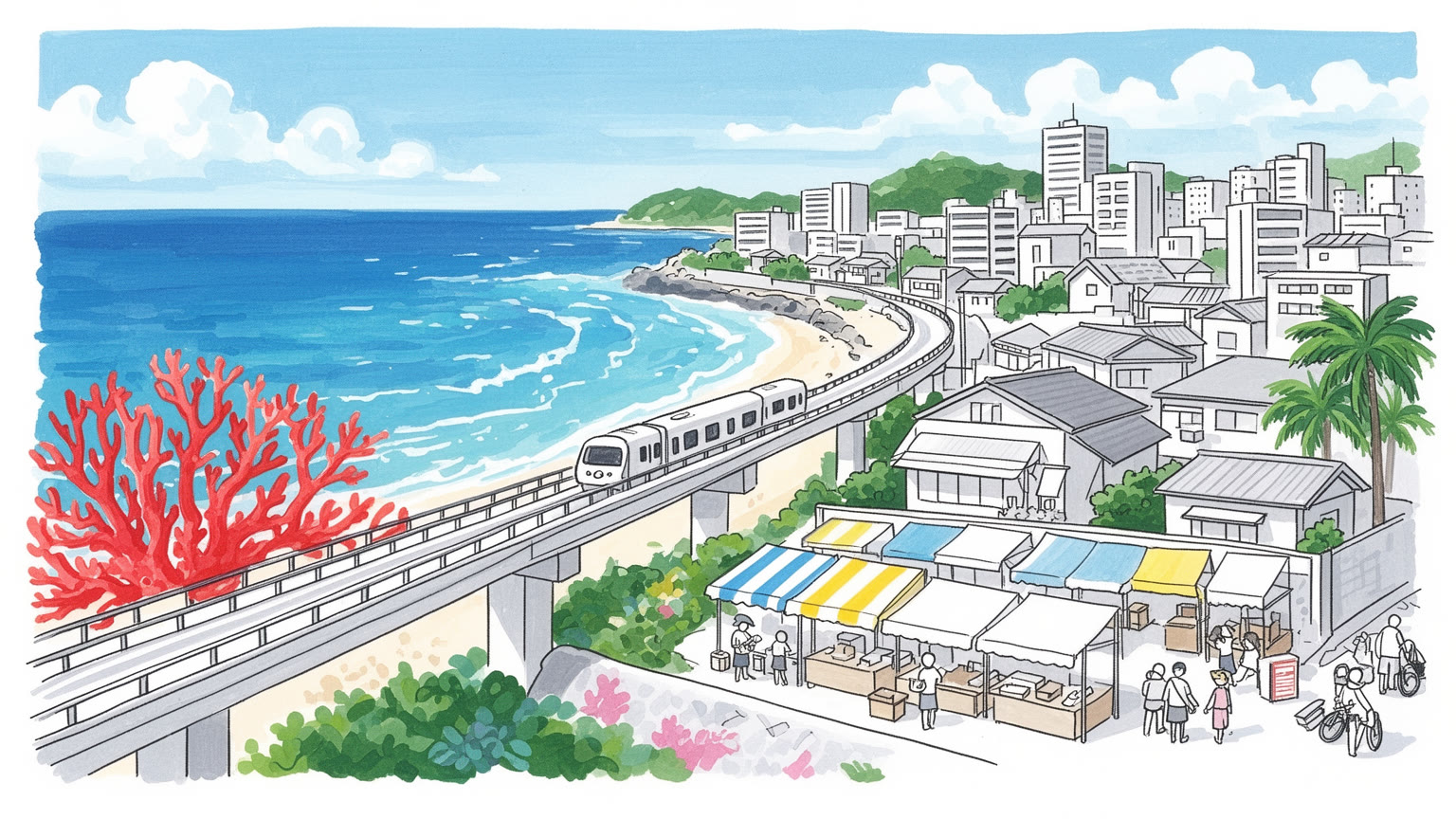 沖縄の海、港、首里、基地周辺、市場、音楽を抽象的に表すビジュアル