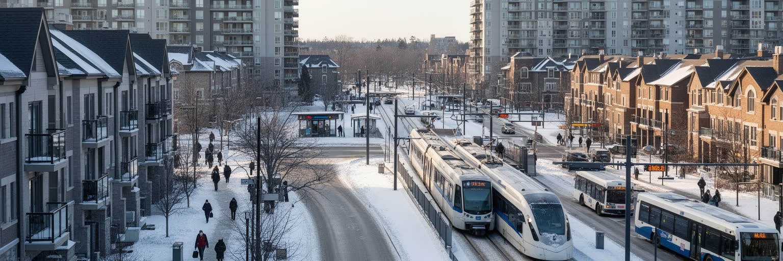 オタワの集合住宅、郊外住宅、LRT、バス、通勤道路、雪道を表す景観