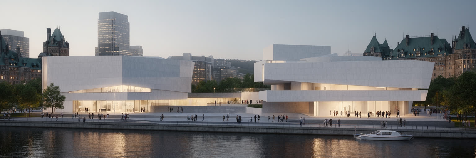 オタワとガティノーの国立博物館、川辺、展示空間、来訪者を表す景観
