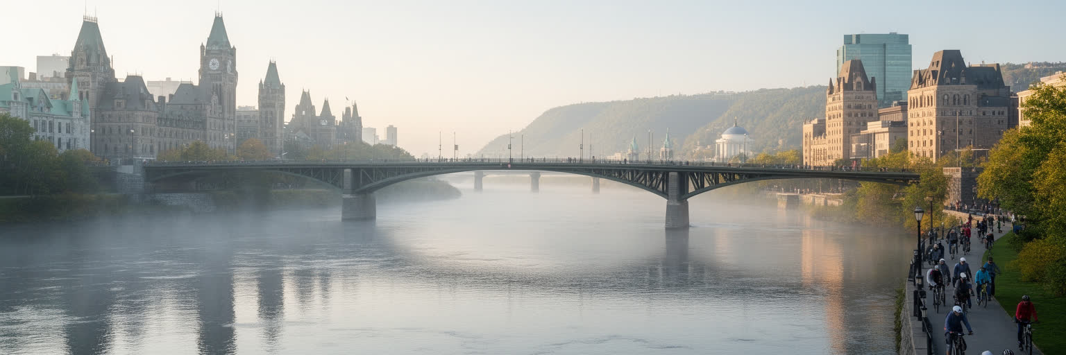 オタワ川、橋、ガティノー、英仏二言語の首都圏を示す都市景観
