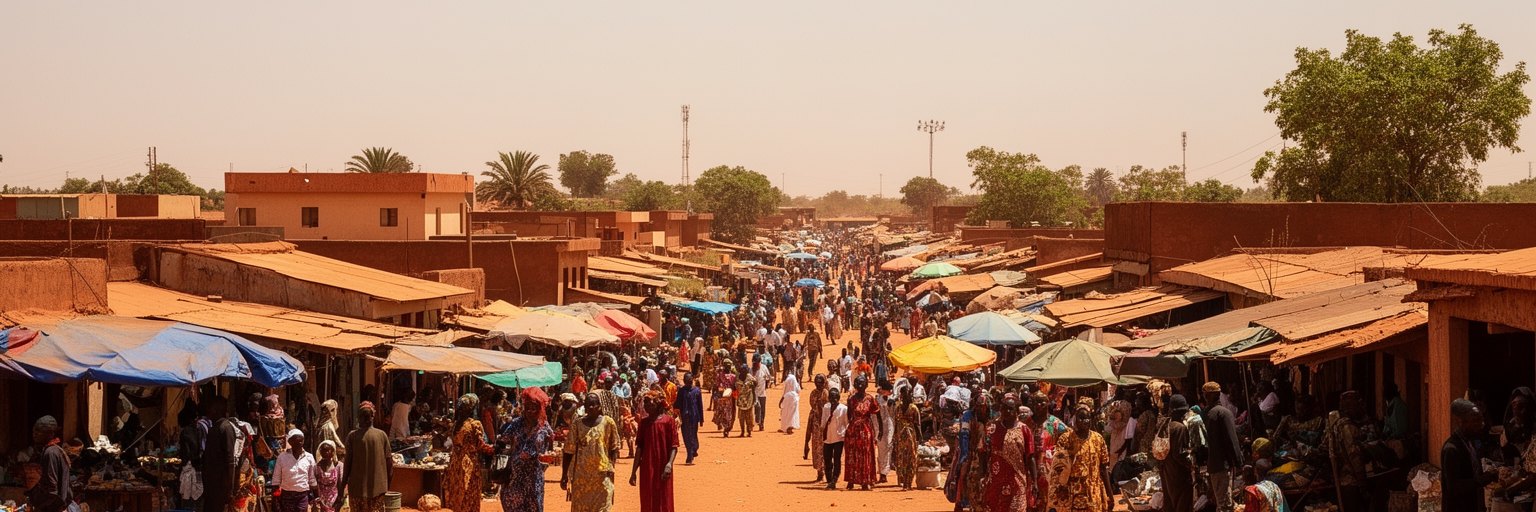 ワガドゥグーの低層住宅、未舗装道路、中庭、学校へ向かう子ども、夕方の生活