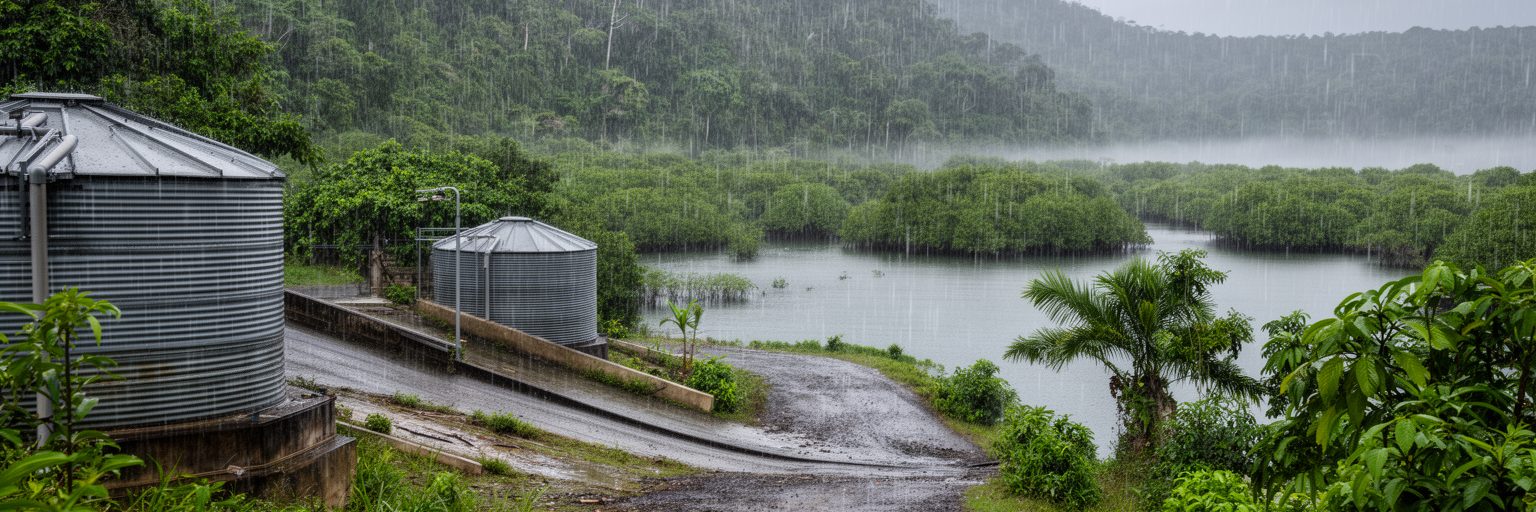 ポンペイ島の雨、斜面、排水、礁湖、気候リスクを表す景観