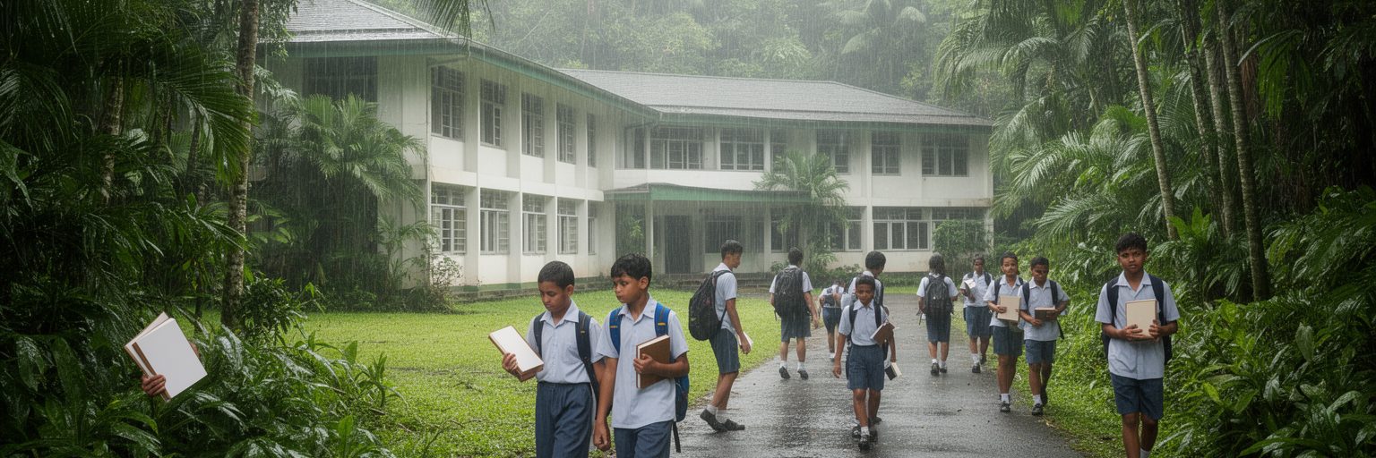 パリキールの学校、大学キャンパス、若者、雨林の道を表す景観