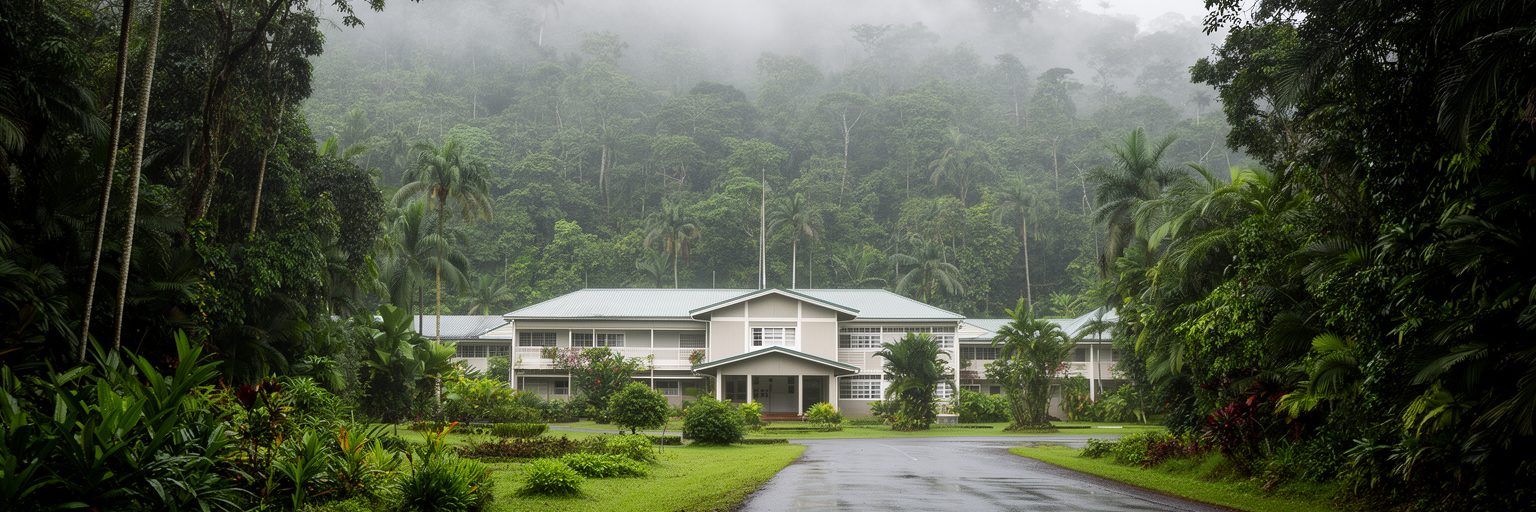 パリキールの雨林、低層の連邦庁舎、山の斜面、湿った空気を表す景観