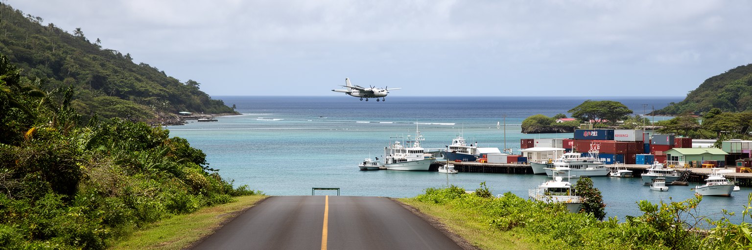ポンペイの道路、空港、港、離島へ向かう船と飛行機を表す景観