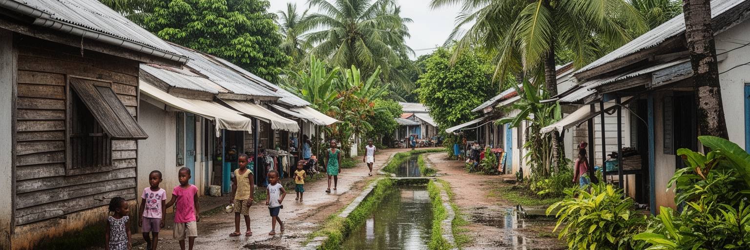 パラマリボの住宅地、排水路、市場、日常生活を表す景観