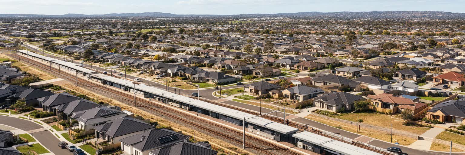 パースの広い郊外住宅、駅、道路、庭、住宅価格と通勤を表す景観