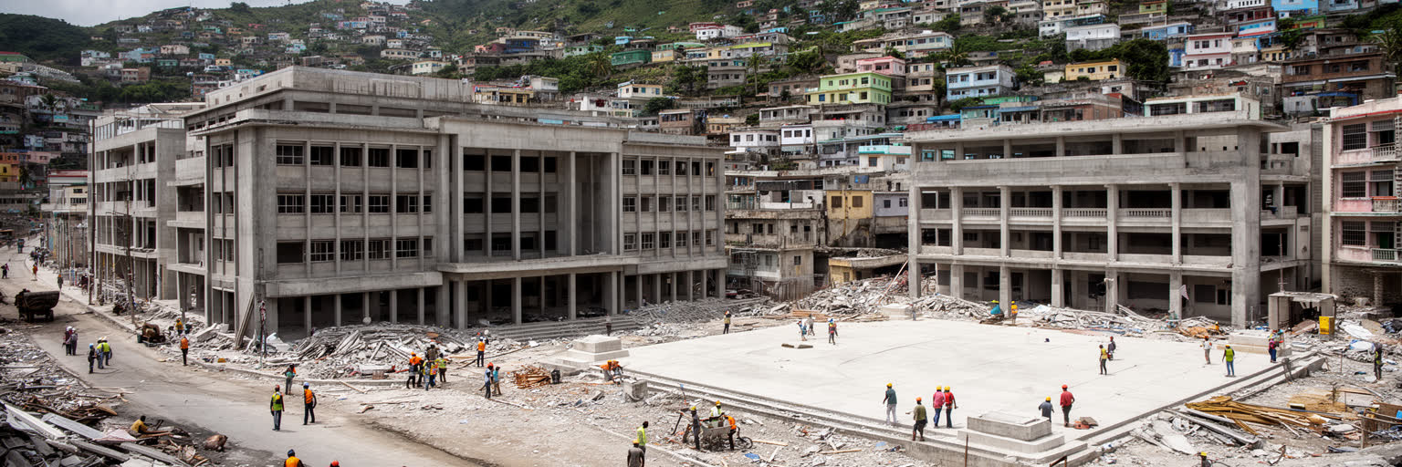 ポルトープランスの震災復興、補強された建物、公共広場、丘陵住宅を表す景観