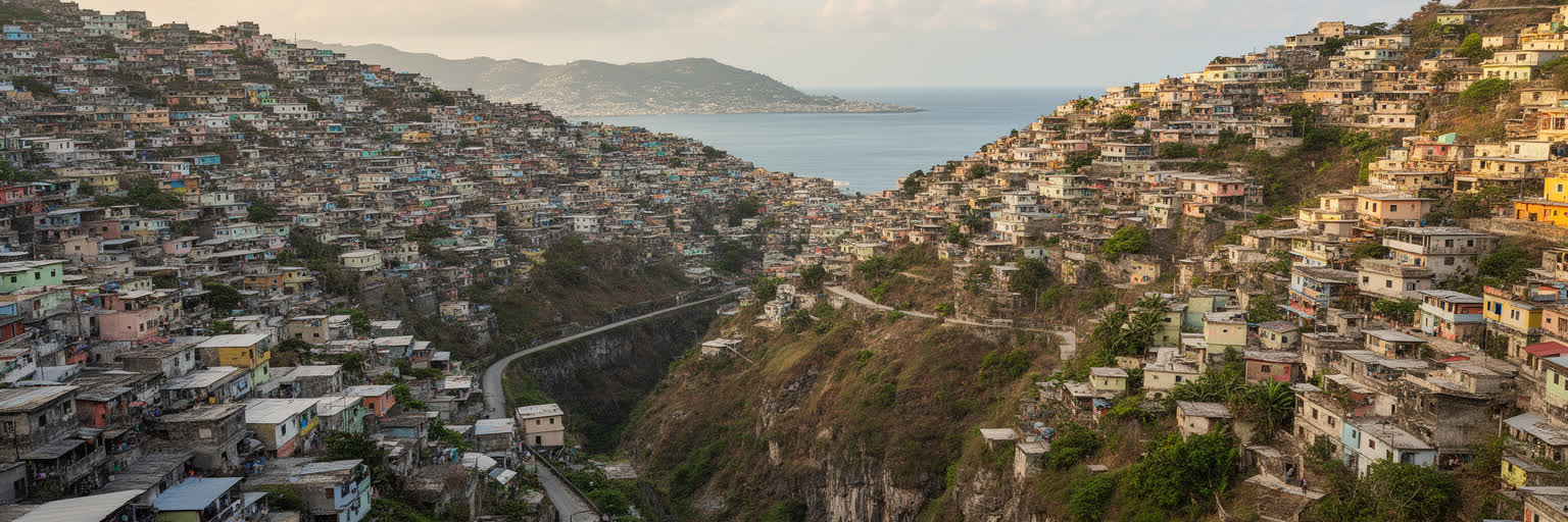 ポルトープランスの丘陵住宅、狭い道路、谷筋、湾を見下ろす都市構造を表す景観