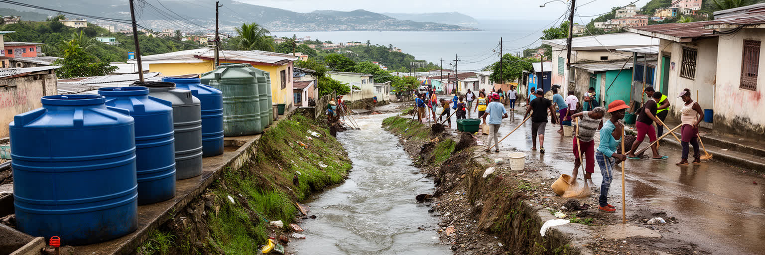ポルトープランスの排水路、給水、雨季の道路、湾岸環境を表す景観