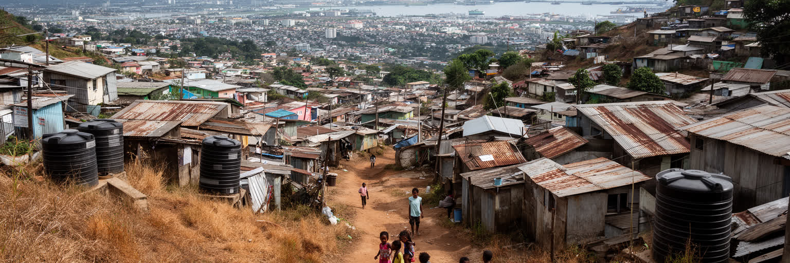 ポートモレスビーの丘陵住宅地、非公式居住地、水タンク、未舗装道路を表す景観