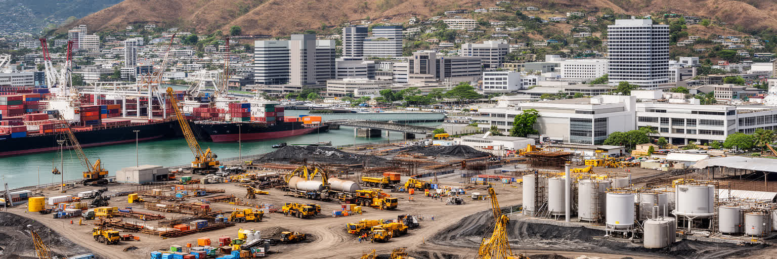 ポートモレスビーの建設現場、港湾労働、事務所、鉱業関連の都市労働を表す景観
