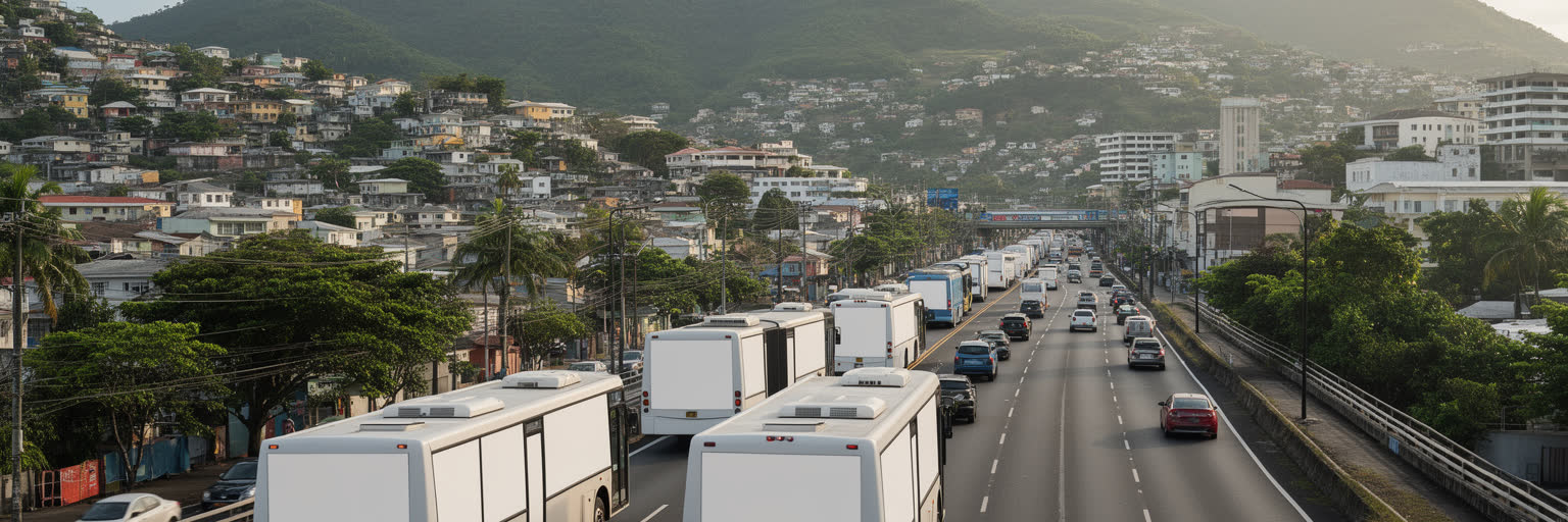 ポートオブスペインから東西回廊へ伸びる道路、バス、住宅地、山麓の都市景観
