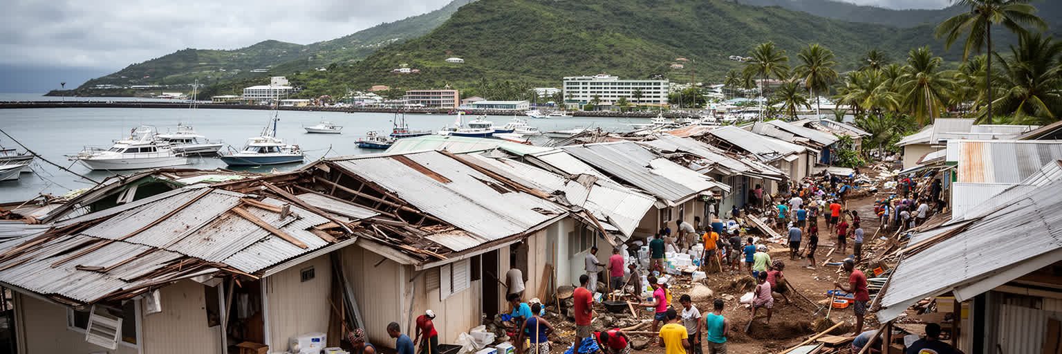 ポートビラのサイクロン、地震、復旧作業、避難と港湾支援を表す景観