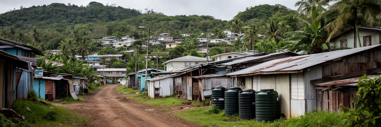 ポートビラの丘陵住宅、非公式居住地、道路、水道、土地境界を表す景観