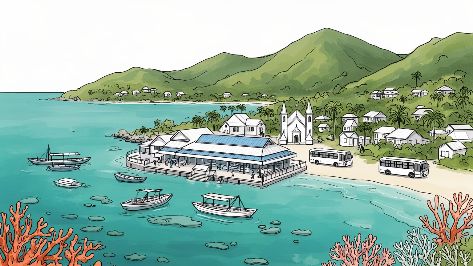 ポートビラの湾岸、市場、桟橋、教会、周辺村落を抽象的に表す手描き風ビジュアル