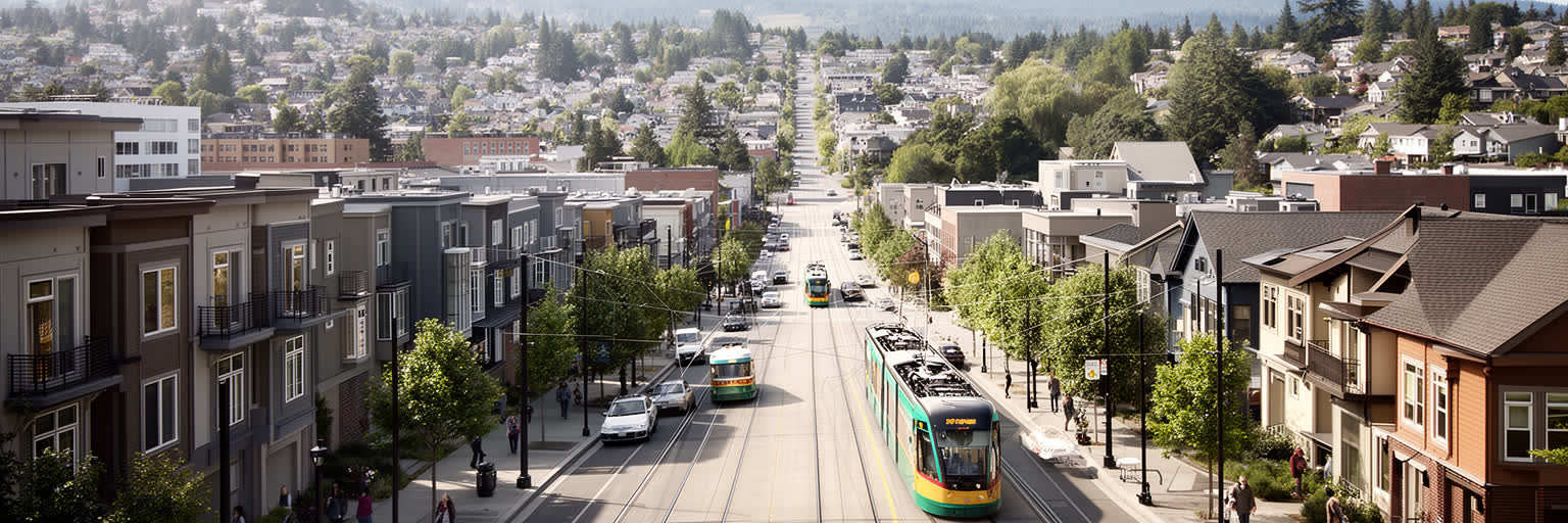 ポートランドの都市成長境界、路面電車、集合住宅、古い住宅街を表す景観