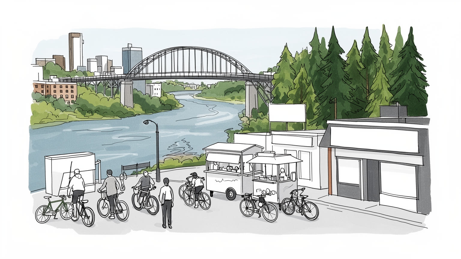 ポートランドの橋、自転車、街路樹、書店、醸造所、川辺を抽象的に表すビジュアル