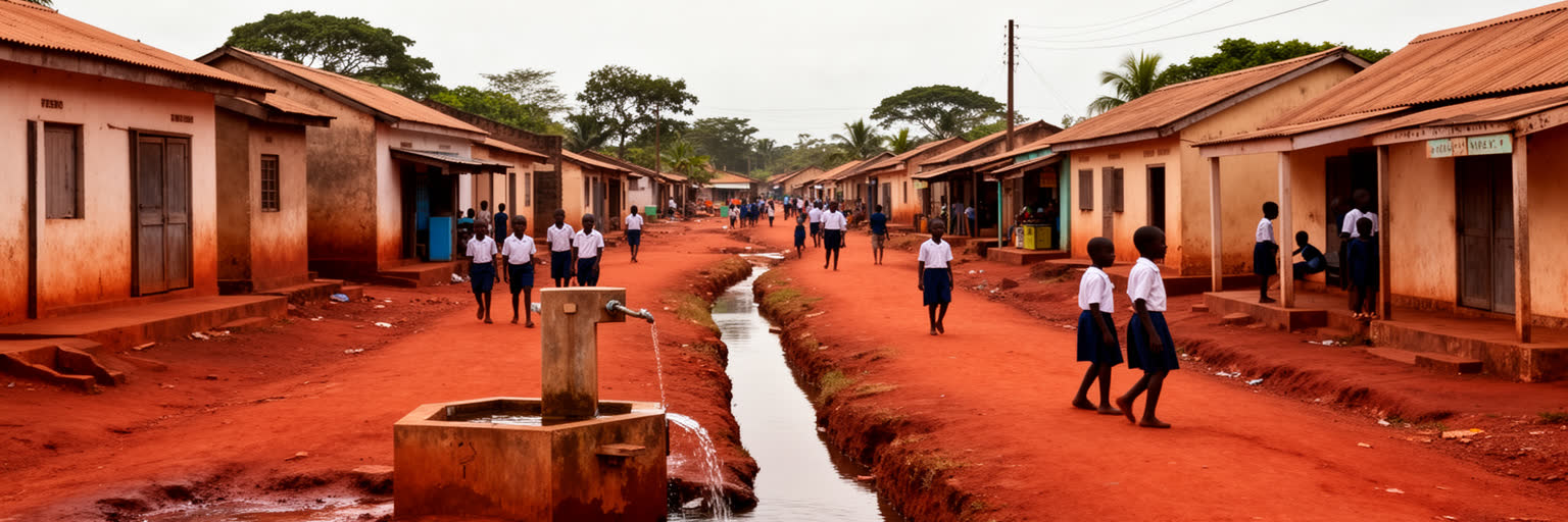 ポルトノボの住宅地、赤土の道路、排水、学校と市場を表す景観